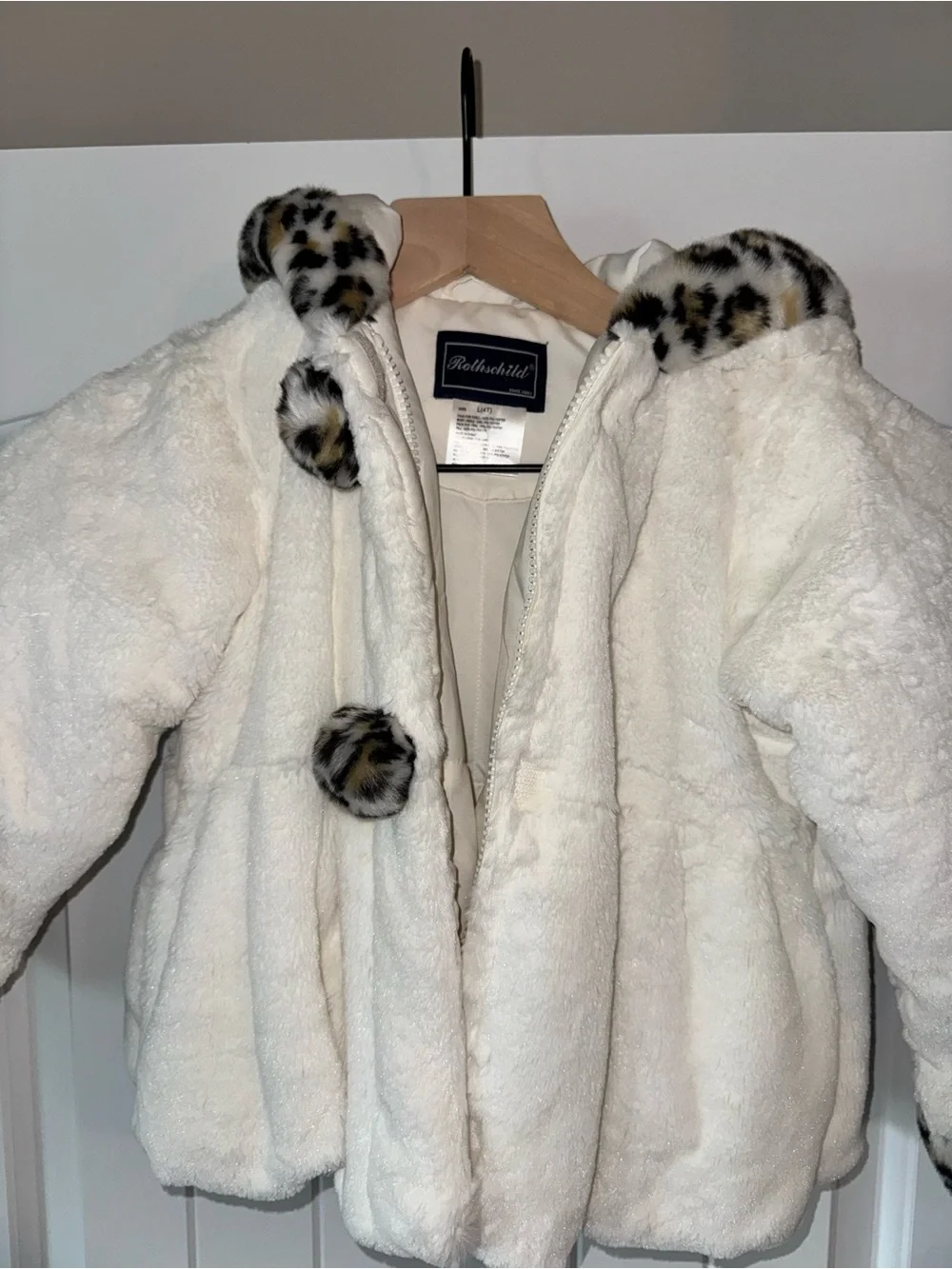 Rothschild Cream Faux-Fur Hooded Coat with Leopard Trim
